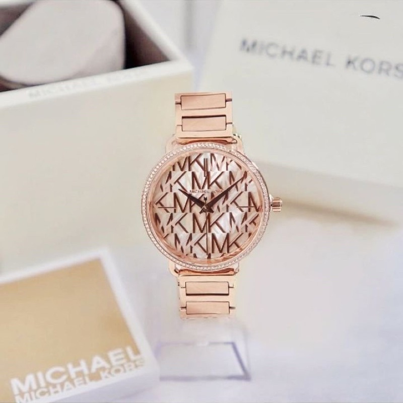 二手正品Michael Kors MK3887滿版logo氣質石英玫瑰金手錶