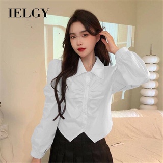 IELGY 女式法式白襯衫學院風短款長袖襯衫