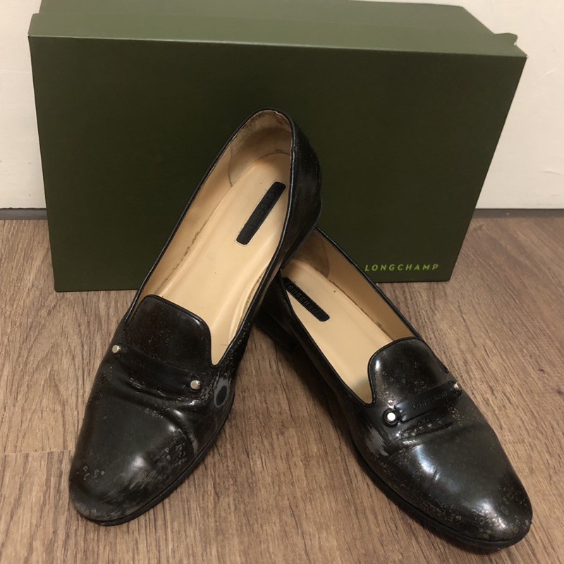二手精品Longchamp真皮深褐色蛇紋樂福鞋 小皮鞋 Loafer EU37