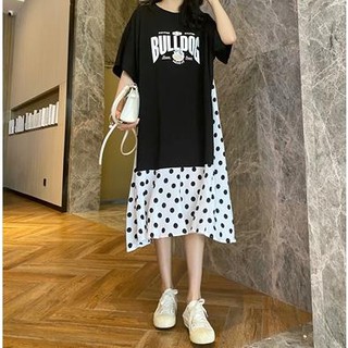 大尺碼洋裝L-3XL 現貨 女生洋裝 連衣裙 正韓洋裝 短袖洋裝 波點 雪紡 拼接 a字裙 長洋裝 女生衣著 寬鬆顯瘦