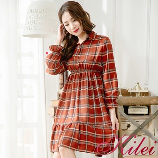【Kilei】女裝 女生衣著 經典格紋襯衫領腰鬆緊荷葉擺洋裝XA3941(俏麗磚格)全尺碼