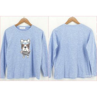 日系品牌 TOKYO 東京著衣 水藍 圓領 燙印狗狗圖樣 法鬥 彈力棉T 童趣 動物上衣 長袖上衣 1022
