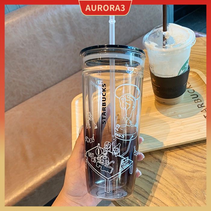 STARBUCKS 星巴克®透明大容量吸管杯帶蓋可重複使用限量不倒翁經典雙層玻璃杯 AUROEA