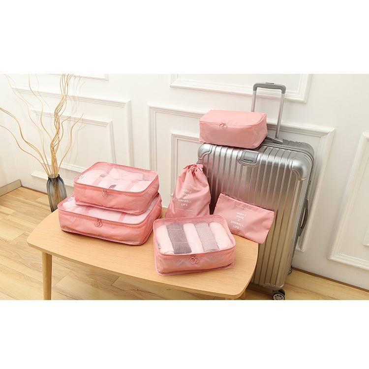 【杰元生活館】粉色 DINIWELL行李箱衣物整理袋防水旅游收纳包6件套装防水旅行收纳袋