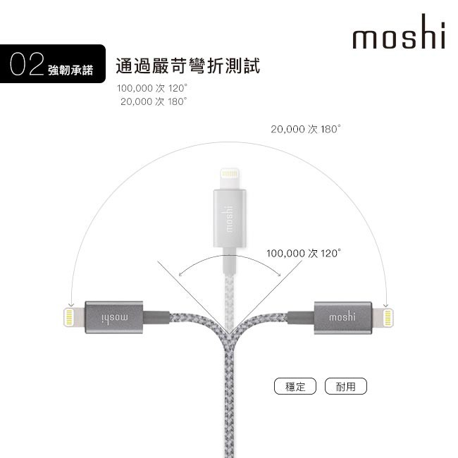 Moshi Integra 強韌系列 USB-A to Lightning Lightning MFi 蘋果認證 2.4A iPad 1.2M 充電線, 銀白色