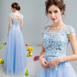 女神範兒藍色手工花瓣婚紗禮服伴娘服新娘敬酒服 X0518
