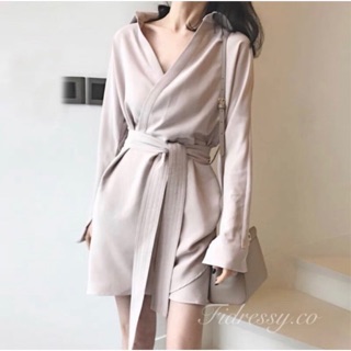 Fidressy✨【現貨】杏色洋裝 只剩XL 婚禮洋裝 小洋裝 洋裝 綁帶洋裝 襯衫洋裝 長袖洋裝 禮服 小禮服 喜酒