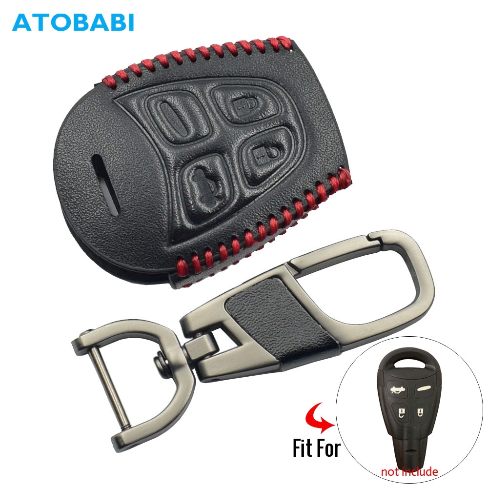 SAAB的皮革汽車鑰匙包9-3 9-5 93 95 4個按鈕智能遙控鑰匙保護套鑰匙扣袋汽車用品