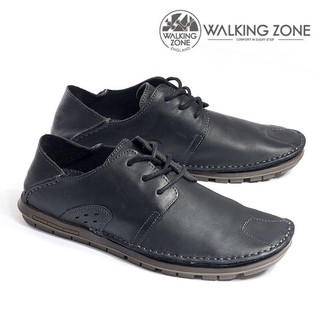 WALKING ZONE 真皮自然剪裁英倫皮革開車鞋綁帶-黑