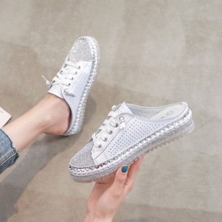 JC Shop【35-40#】韓版真皮厚底水鑽無後跟休閒鞋女 半拖厚底真皮樂福鞋 懶人鞋女 真皮小白鞋