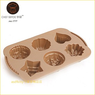 asdfkitty可愛家☆美國 chefmade學廚香檳金6連迷你造型不沾烤模型-蛋糕烤模-WK9092-正版商品