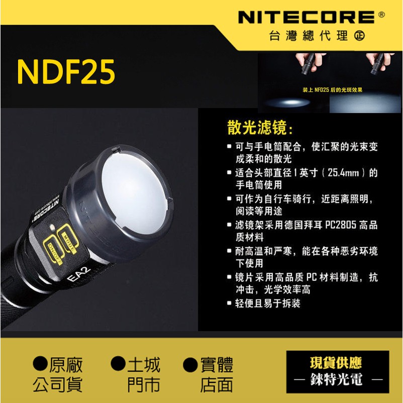 【錸特光電】NITECORE 散光濾鏡 泛光 效果 手電筒 頭徑 25.4mm 濾鏡 NFD25 白色 2.54公分