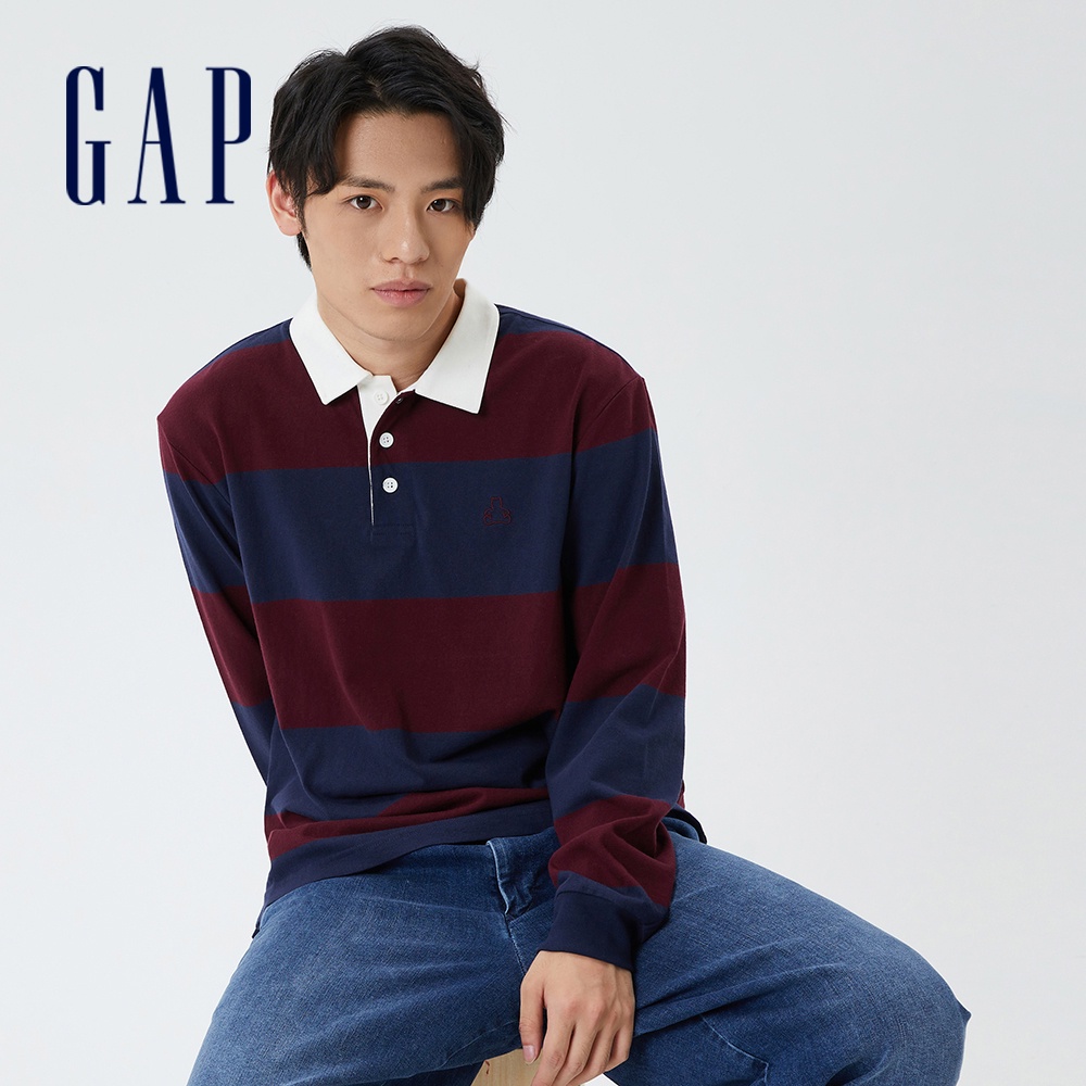 Gap 男裝 條紋長袖POLO衫 厚磅密織水洗棉系列-藏藍條紋(451012)
