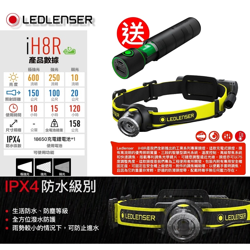 【富工具】德國Ledlenser IH8R頭燈+FLEX3行動電源 ◎正品公司貨◎