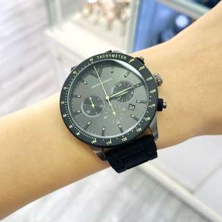 EMPORIO ARMANI 亞曼尼 典藏三眼計時矽膠不鏽鋼腕錶/黑x銀針 AR11410