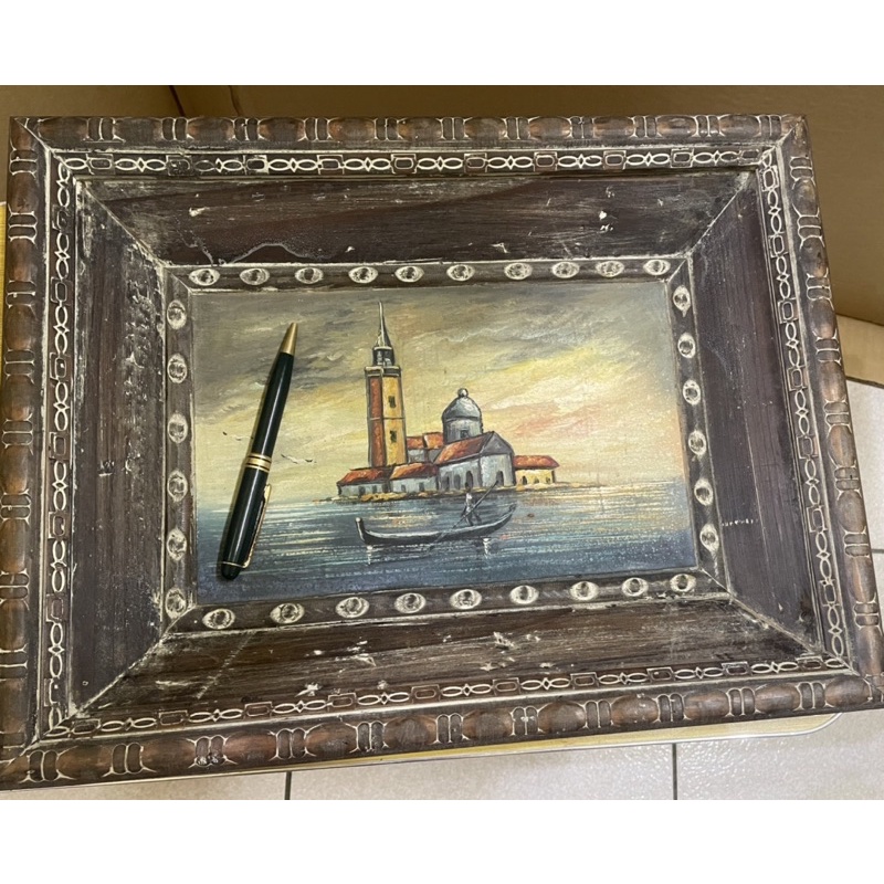 歐洲古董油畫（威尼斯共多拉船）⋯ 40x31公分 #古董#收藏#船#威尼斯燈#塔#油畫#畫