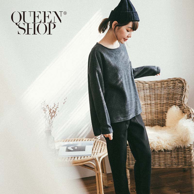 QUEENSHOP【01037559】基本素色單口袋毛料長袖上衣 兩色售＊現+預＊