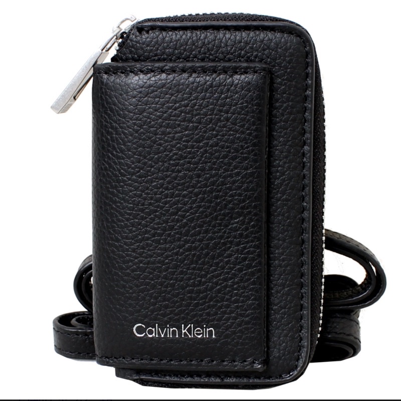 【Calvin Klein】ck燙銀logo荔枝皮革兩用拉鍊零錢包(黑色) ck卡片零錢包