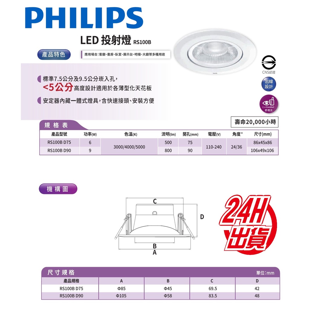 🔥實體店面 含稅【德意居家】飛利浦 RS100B LED 投射燈 7公分 6W 9.5公分 9W 可調角度 崁燈 嵌燈