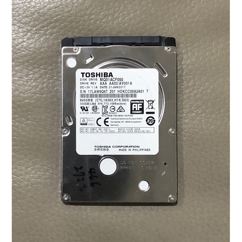 TOSHIBA 東芝 500G 500GB 2.5吋 7200轉 MQ01ACF050 (7mm ) 三重自取500元