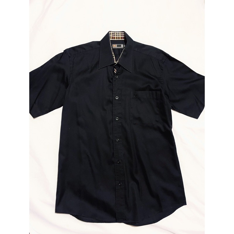 Daks專櫃精品男裝純棉格紋拼接短袖鈕扣襯衫黑色m 蝦皮購物