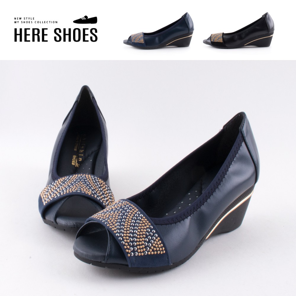 Here Shoes Mit台灣製5 5cm跟鞋率性百搭鉚釘皮革 絨面楔型魚口包鞋 Kn1931 蝦皮購物