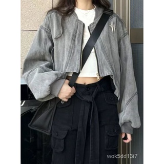 純棉設計感拉鏈上衣SPEAR YOUTH弧形下擺短款水洗牛仔外套女寬鬆 女生衣著 歐美女裝 NANA Studio💕