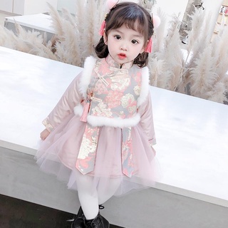 2新品特賣女童洋裝冬裝兒童中國風唐裝拜年服加棉旗袍裙女孩新年漢服套裙