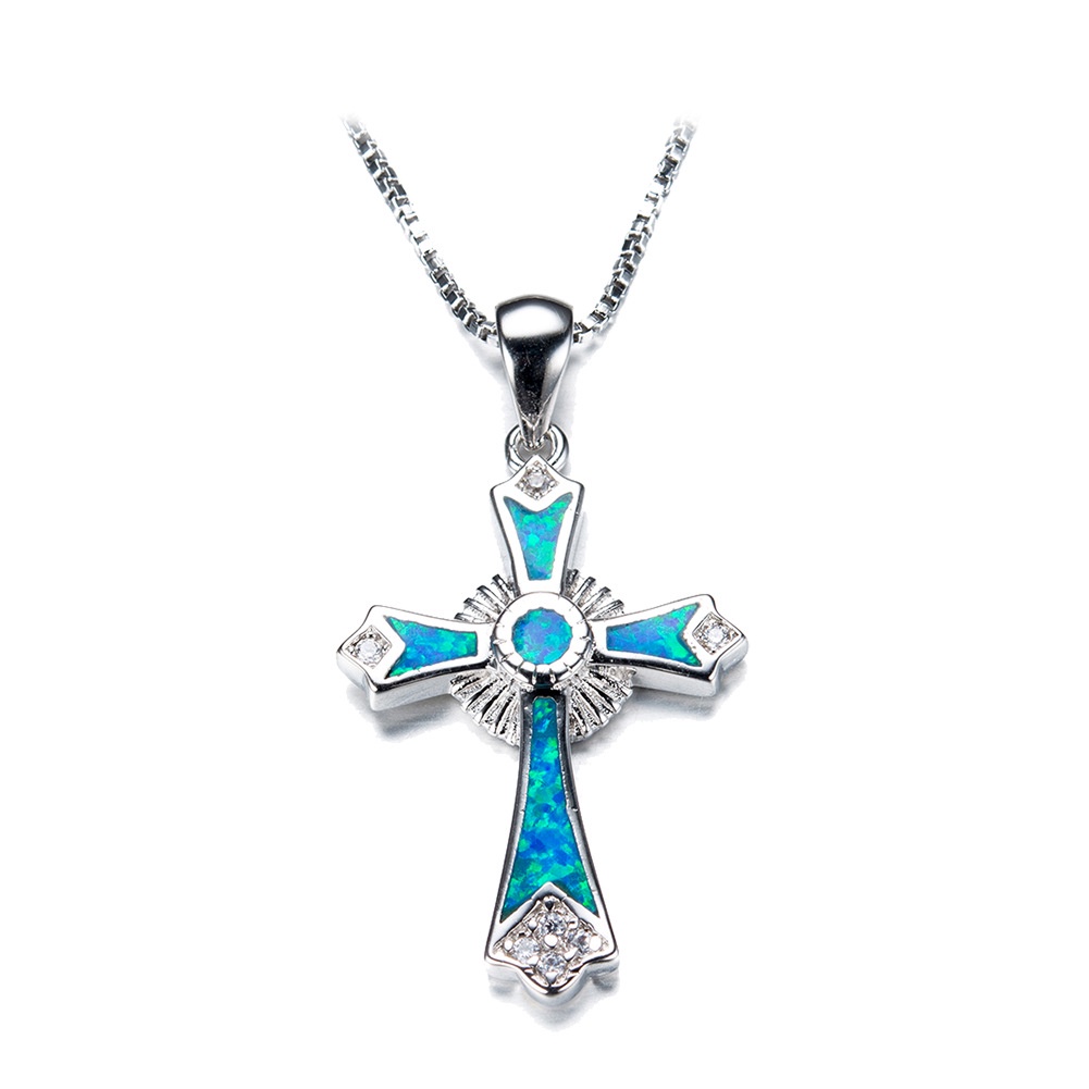 Nkeybbon Jewelry 時尚藍蛋白石白鑽石十字架吊墜項鍊