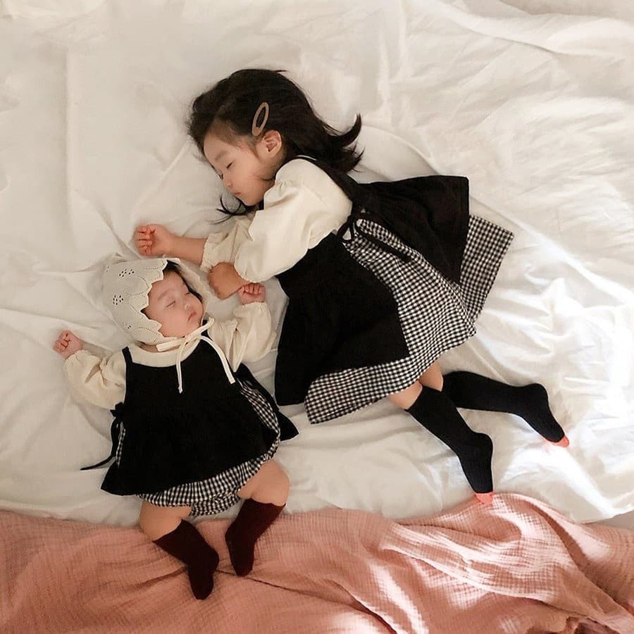 【FUFU童裝】現貨❗️實拍0601 兩件式格子姊妹裝 (66-120碼）兩件組 姊妹裝 包屁 包屁衣 洋裝 綁帶