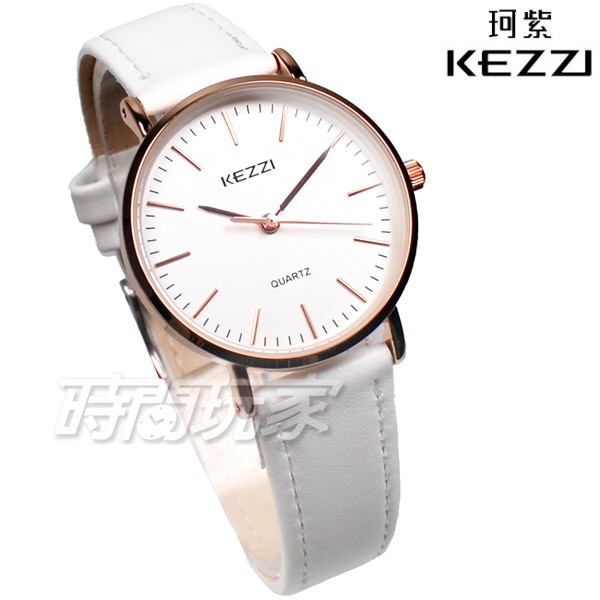 KEZZI珂紫 簡約時刻 浪漫唯美 流行腕錶 皮革錶帶 女錶 白色 KE1687玫白小【時間玩家】