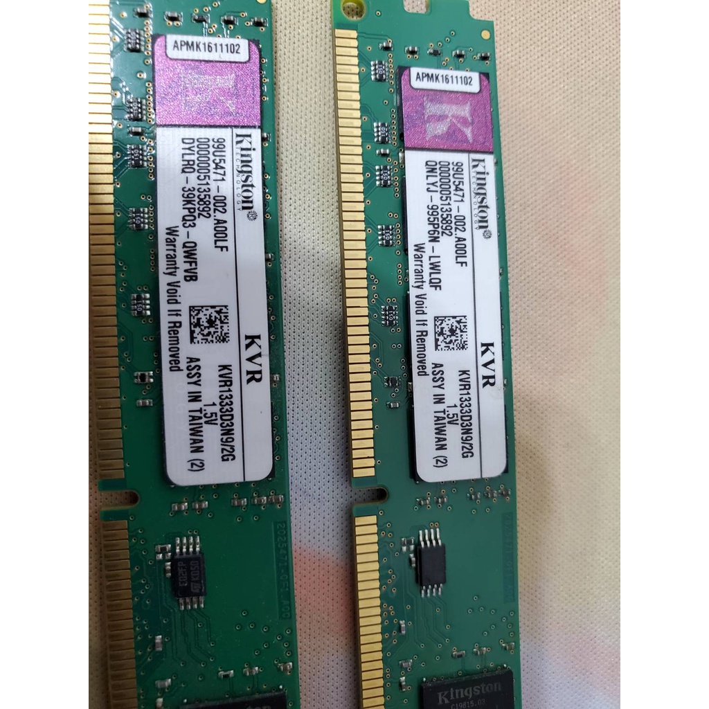 金士頓Kingston DDR3 1333 2GB 2G KVR1333D3N9/2G/雙面記憶體，兩條一起賣