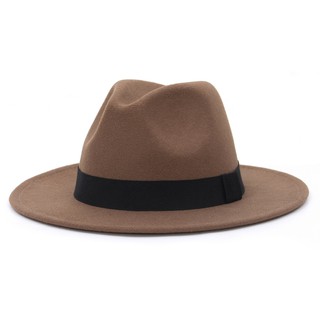 男女通用休閒戶外保暖毛呢爵士帽古典軟呢帽子黑色帽带寬邊平頂帽多种颜色大码礼帽