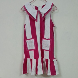 YOYONANA9號尺碼（全新)（特殊襯衫領）95%棉舒適透氣不悶熱深粉紅色白色雙配色大條紋雙口袋洋裝連身裙