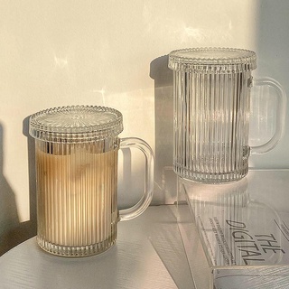 日本玻璃杯 造型玻璃杯 透明玻璃杯 浮雕玻璃杯 ins風直條紋玻璃馬克杯喝水杯子帶蓋帶把手高顏值家用簡約牛奶杯