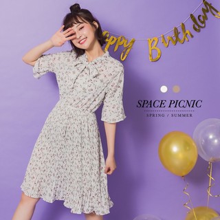 Space Picnic 玫瑰綁帶縮腰百褶裙 洋裝