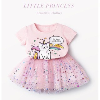現貨《 女童洋裝】夏季女童套裝 ♥ Unicorn獨角獸 卡通短袖 兩件式洋裝 ♥ 彩色星星網紗裙 兩件套