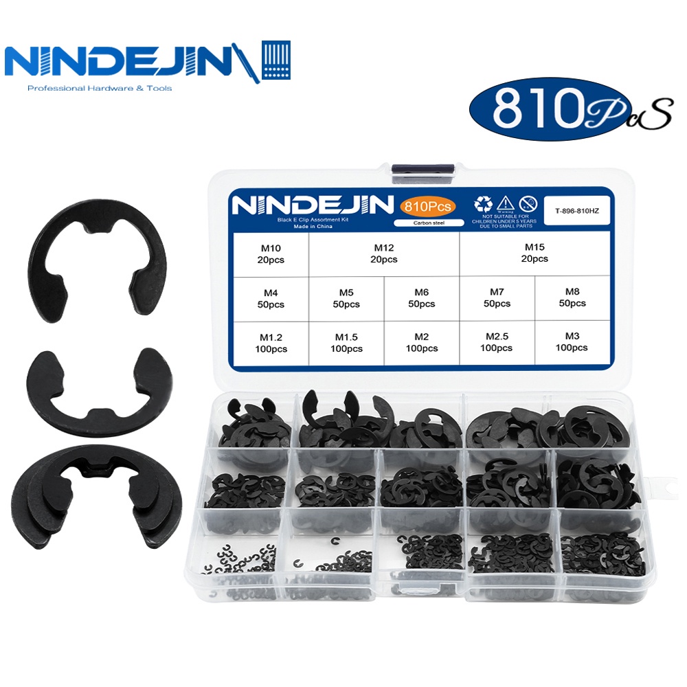 Nindejin 黑色E型開口擋圈套裝 395pcs 810pcs M1.2-M15 碳鋼外部擋圈卡扣卡環卡圈E型卡簧