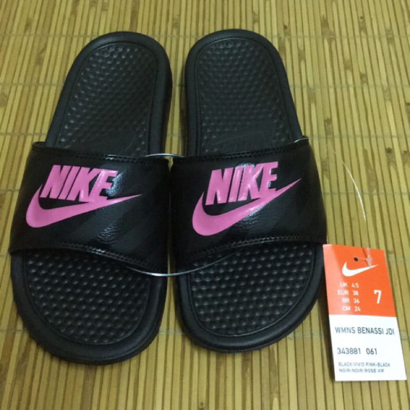 全新Nike benassi jdi 經典logo女拖鞋 黑 桃紅色 正牌 7號