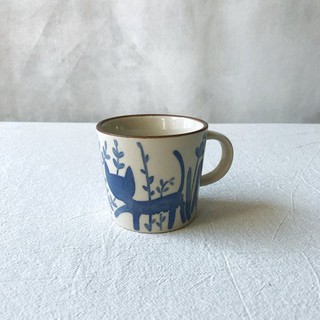 鳥語貓影陶瓷馬克杯 藍色 咖啡色 陶瓷馬克杯 茶杯 水杯 陶瓷餐具 手把杯 復古餐具【波仔家生活雜貨舖】