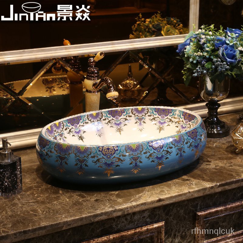 洗手盤 景焱迷蹤花園藝術台上盆歐式陶瓷洗臉盆橢圓形台盆美式面盆洗手盆