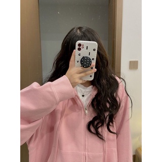 韓版華夫格寬松衛衣外套 女 春秋新款百搭開衫 寬鬆運動外套 慵懶風 薄款連帽衛衣 設計感百搭上衣 學院風甜美學生衛衣