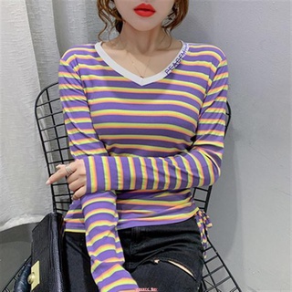 長袖T恤 上衣 打底衫秋季彩虹條紋t恤女長袖V領設計感上衣時尚洋氣小衫打底衫T305 衣時尚上衣溫柔風百搭