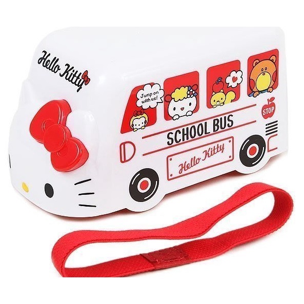 日本原裝進口~正版凱蒂貓 hello kitty 公車造型便當盒／可微波塑膠雙層可愛餐盒~2層校車便當盒~附束帶