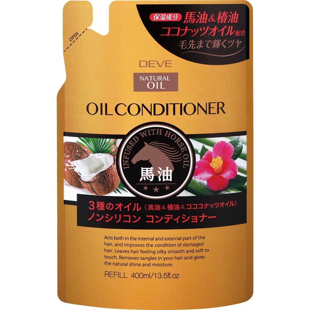 日本 熊野油脂 DEVE 3種精油潤髮乳補充包 (馬油・椿油・椰子油) 400ml 飛天貓