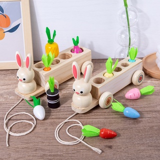 【櫟趣玩具屋】木製兒童益智早教玩具 創意二合一 拔蘿蔔兔子拉車水果配對玩具