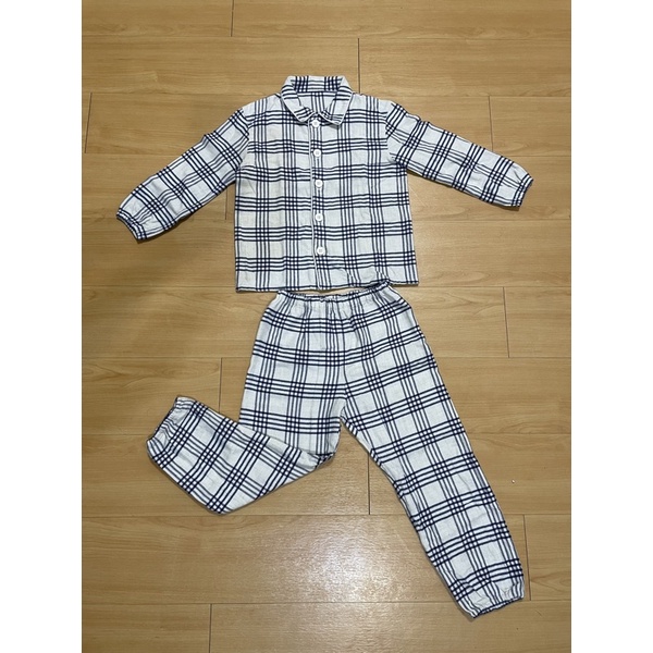 MUJI無印良品兒童棉質格紋睡衣組 #110-125cm 白/藍格條紋 - 二手