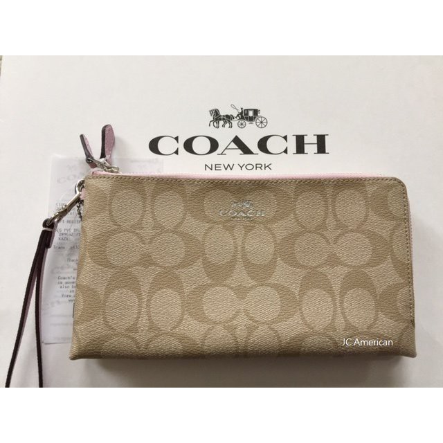 COACH 53563 ~似 54057經典C Logo 淡卡其+淡粉紅色 雙層雙拉鍊 大手拿包/萬用包/手機包 ~現貨