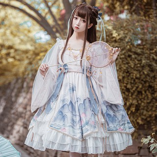 【預購】lolita隱蓮仙湖 山水畫蓮花祥龍印花中國風刺繡蝴蝶結流蘇荷葉邊長袖洋裝/連衣裙/連身裙&雲肩 中國風蘿莉塔