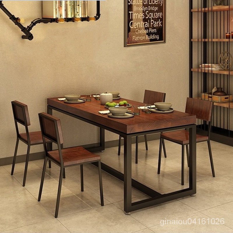 免運 現代餐桌椅組合家用長方形餐桌小吃店飯店餐廳餐飲鐵藝實木桌子